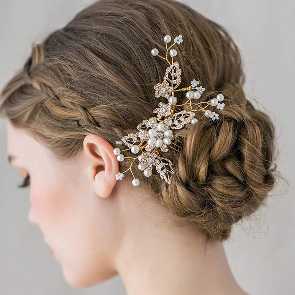 Gold pearl jewel hair comb hairpin